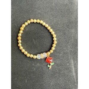 handmade beaded bracelet set‎ gold and clear beads rose pendant